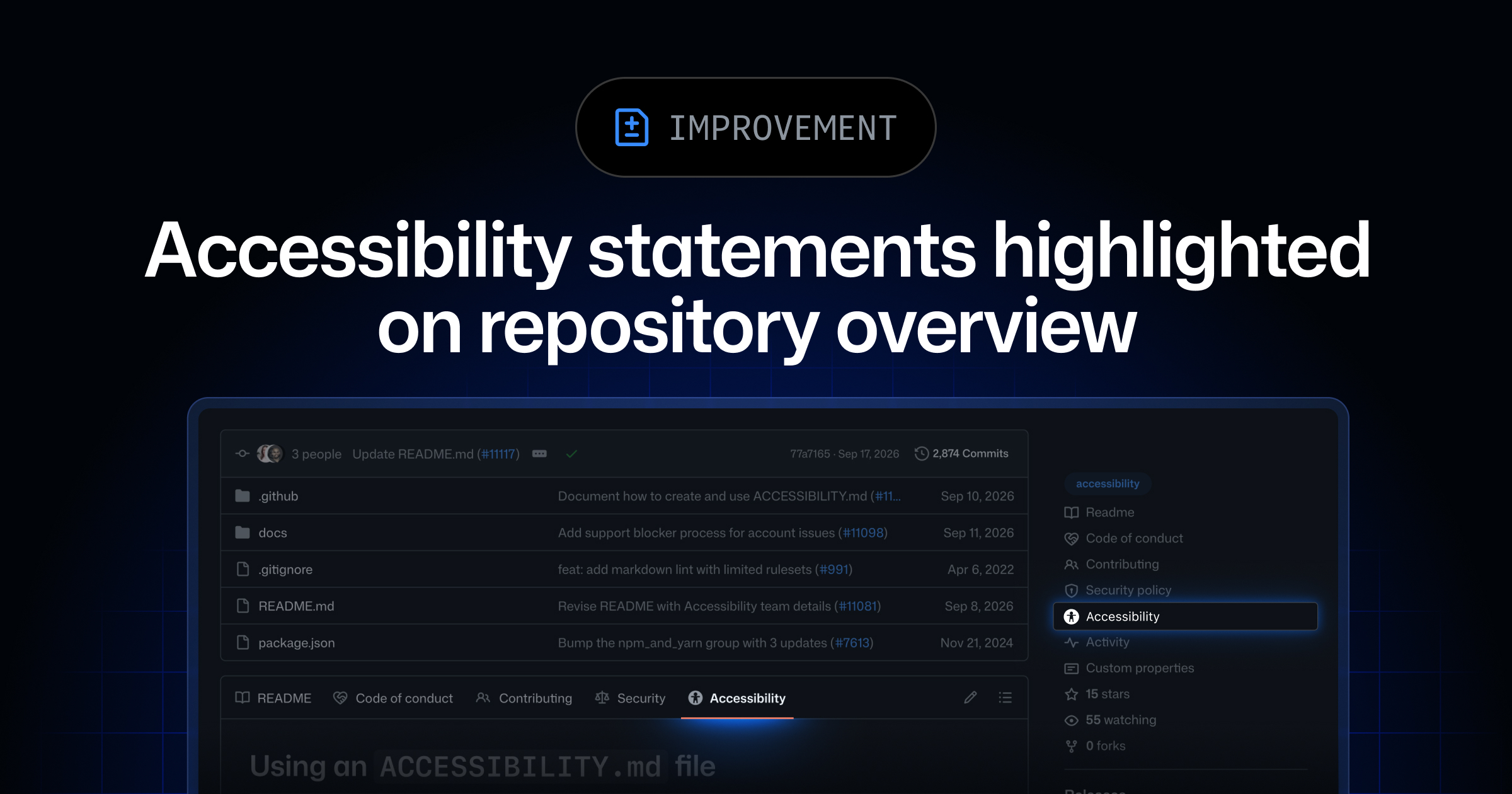 Ảnh minh họa tin tức: GitHub Changelog: Accessibility statements highlighted on repository overview