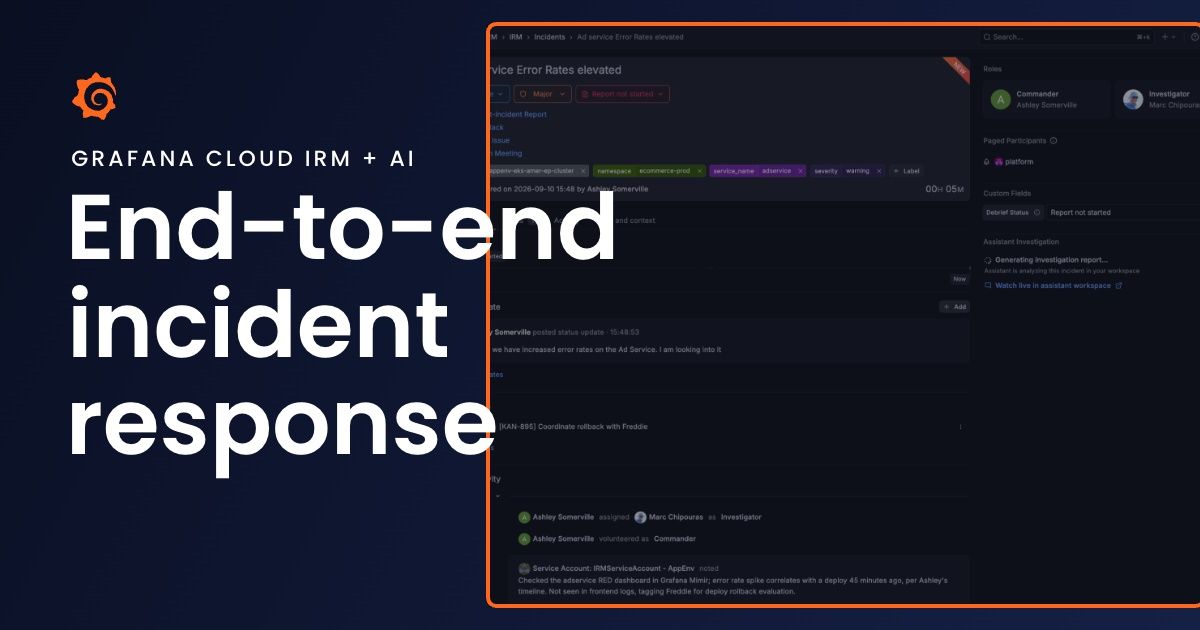 Ảnh bìa chính thức cho tin: Grafana Cloud IRM dùng AI nối liền cảnh báo với báo cáo sau sự cố
