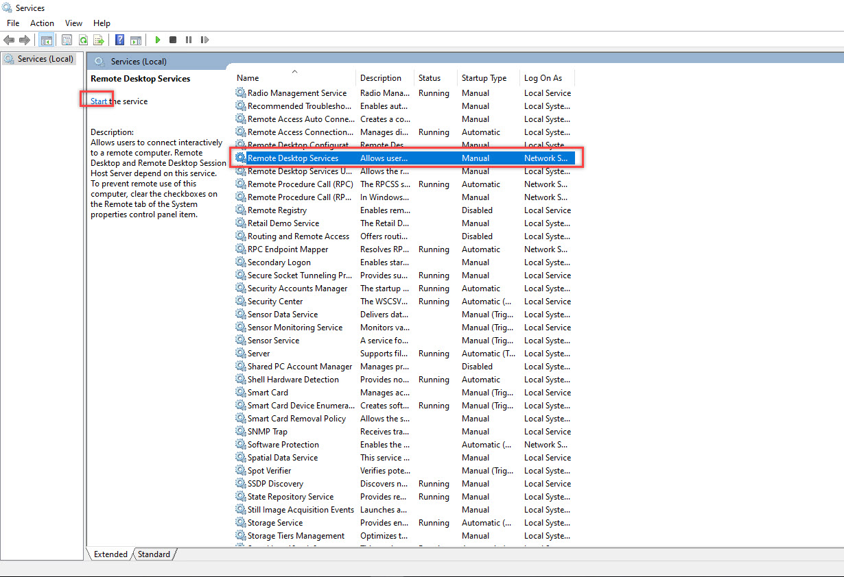 Start Service Remote Desktop